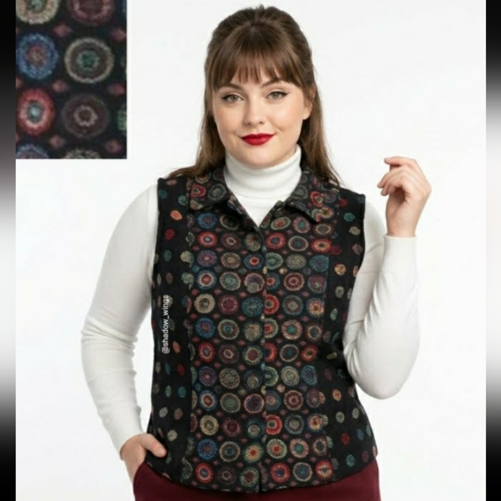 Christopher & Banks Black Tapestry Vest with Colorful Circles - Size Medium